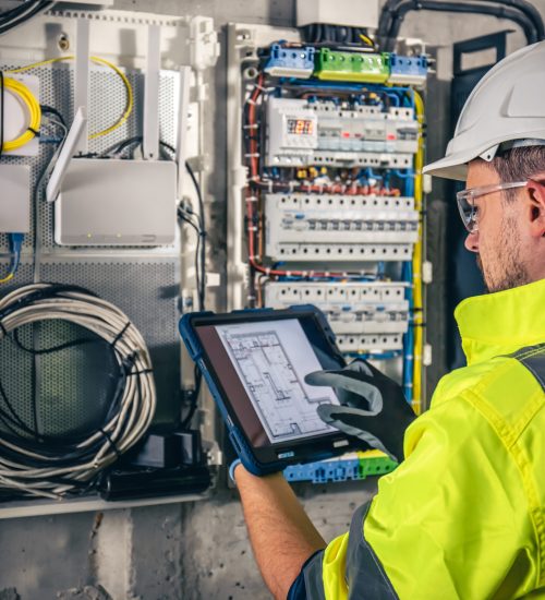 Man, an electrical technician working in a switchboard with fuses. Installation and connection of electrical equipment. Professional uses a tablet.